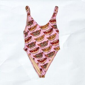 Playful Pink and Red Hot Dog One Piece Swimsuit
